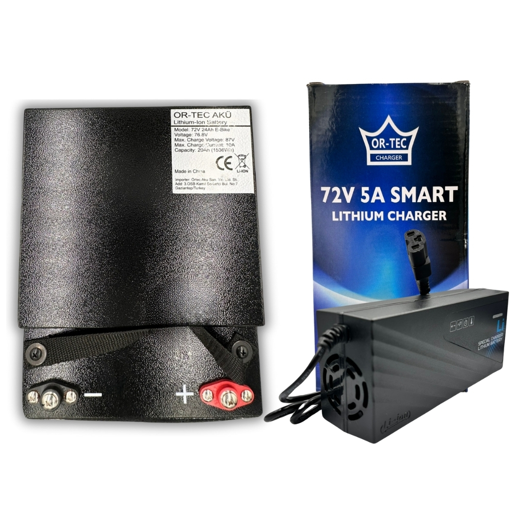 72V 20AH Lityum LiFePO4 Elektrikli Motosiklet Aküsü - 72V 5A Lityum Şarj Aleti Seti